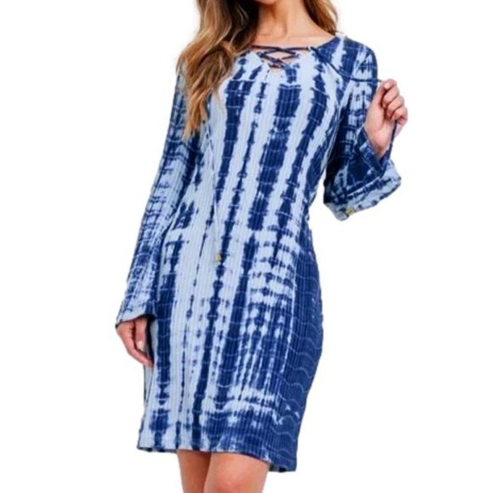 Retro Blue Tie-Dye Shift Dress ~ Boho Bell Sleeves ~ Round Neck ~ NEW IN PACKAGE - Picture 2 of 10